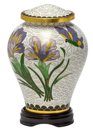 [810 CR] White Iris Medium Cloisonne Urn